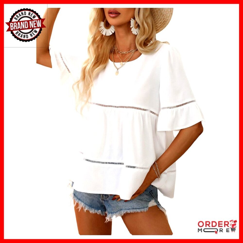 Short Sleeve Babydoll Top Ruffle Blouse Lightweight Summer Casual